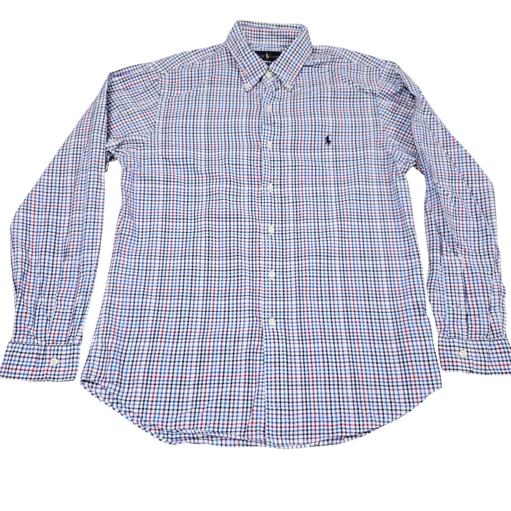 Ralph Lauren Button Down Shirt Mens L Blue Red Plaid Slim Fit Tattersall Preppy